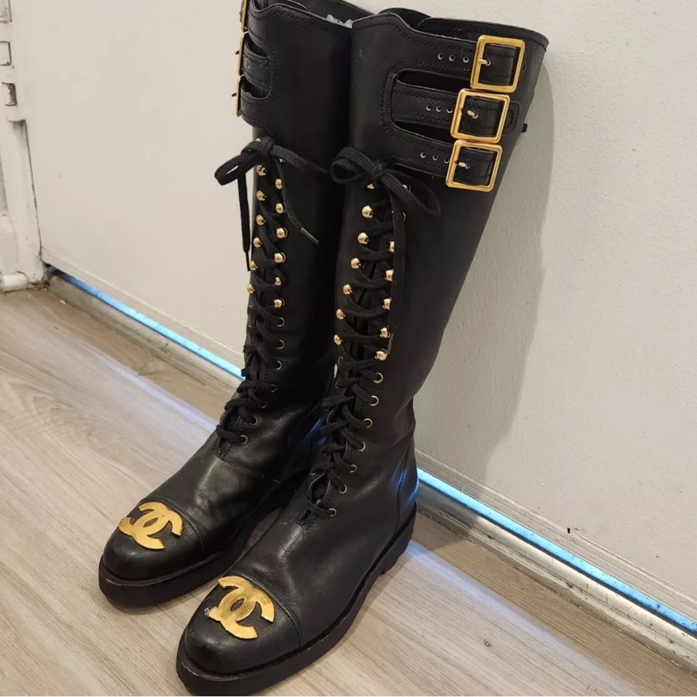 CHANEL VINTAGE SHOES RARE & COLLECTIBLE knee high & lace up boots. Size 37 / 6.5